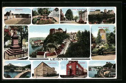 AK Leisnig, Postamt, Bürgerschule, Schloss