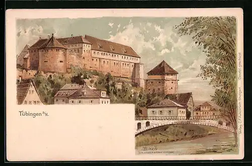 Lithographie Tübingen am Neckar, Schloss mit Brücke