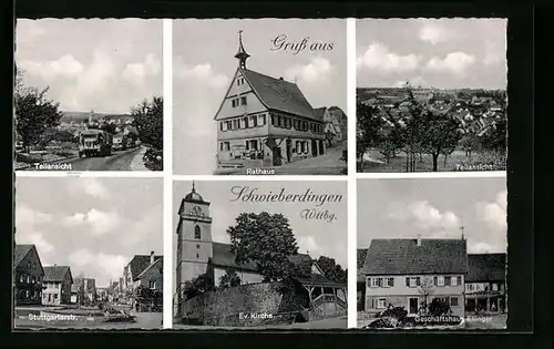 AK Schwieberdingen /Wttbg., Rathaus, Ev. Kirche, Geschäftshaus Ellinger