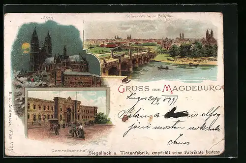 Lithographie Magdeburg, Dom, Centralbahnhof, Kaiser-Wilhelm-Brücke