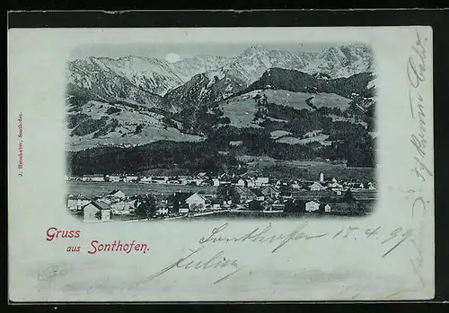 Mondschein-AK Sonthofen, Ortsansicht mit Bergen