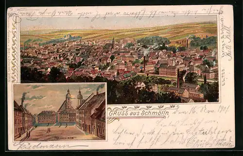 Lithographie Schmölln, Ortsansicht und Marktplatz