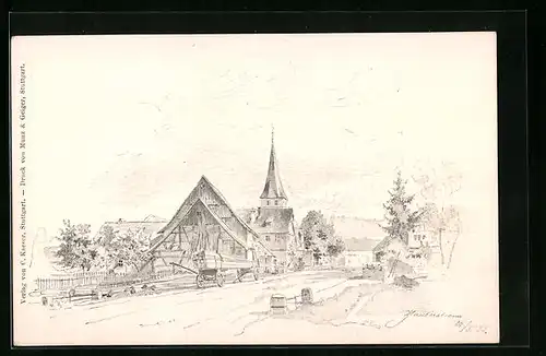 Künstler-AK Haubersbronn, Ortsansicht mit Kirche