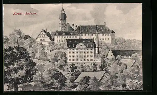 AK Andechs, Kloster mit Bäumen