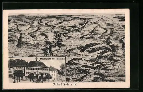 AK Sulz a. N., Marktplatz mit Rathaus und Landkarte Bergpanorama