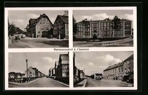 AK Hartmannsdorf b. Chemnitz, Schule mit Kriegerdenkmal, Strassenansichten