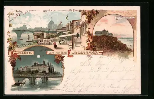 Lithographie Meissen, Ortsansicht von der Elbe aus, Strandpromenade, Scharfenberg