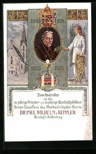 Künstler-AK Rottenburg, Portrait Bischof Paul Wilhelm von Keppler, Kirche und Engel