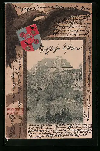 Künstler-AK Bückeburg, Ahrensburg mit Gartenanlagen, Adler, Wappen