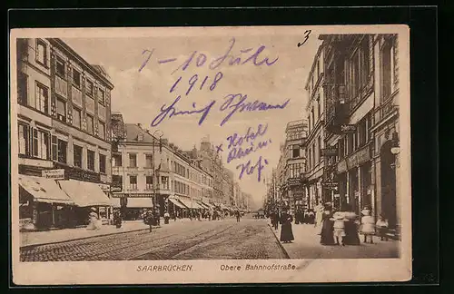 AK Saarbrücken, Obere Bahnhofstrasse mit Geschäften