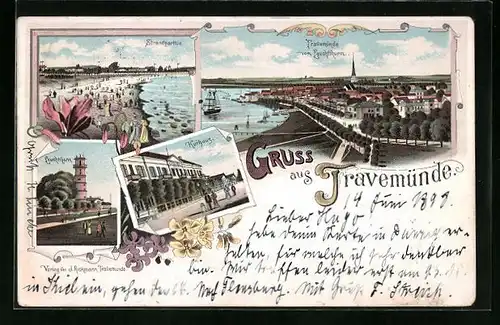 Lithographie Travemünde, Kurhaus, Leuchtturm, Totalansicht