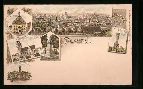 Lithographie Plauen, St. Johannis Kirche, Rathaus, Bismarckdenkmal