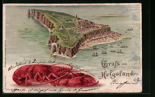 Lithographie Helgoland, Totalansicht der Insel, Hummer