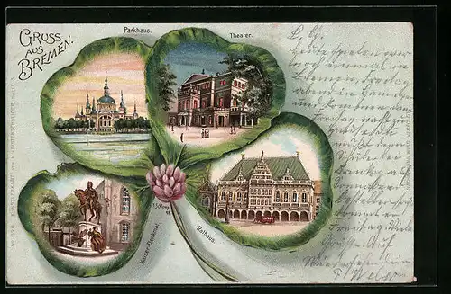 Passepartout-Lithographie Bremen, Parkhaus, Theater, Rathaus, Kleeblatt