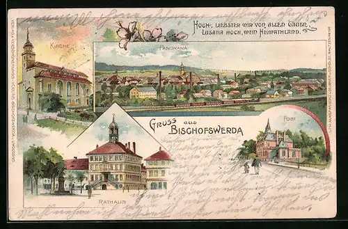 Lithographie Bischofswerda, Rathaus, Panorama, Kirche