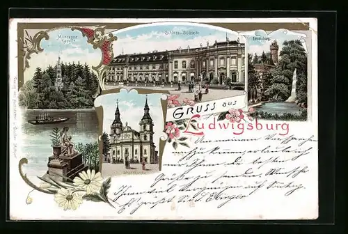 Lithographie Ludwigsburg, Stadtkirche, Schloss, Monrepos Kapelle