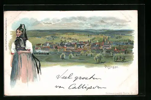 Lithographie Villingen, Gesamtansicht und Trachtenmädchen