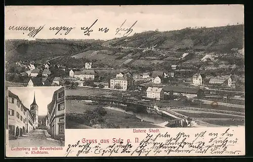 AK Sulz a. N., Untere Stadt und Becherberg mit Gewerbebank und Kirchturm