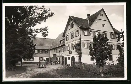 AK Garrweiler /Württ., Gasthof und Pension zum Hirsch mit Auto und Pferdewagen