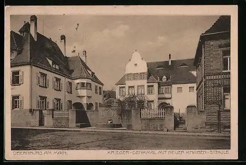 AK Obernburg / Main, Krieger-Denkmal mit neuer Knaben-Schule