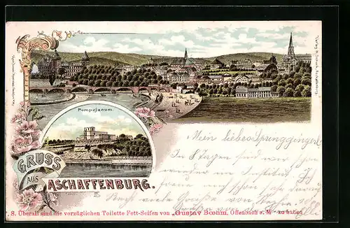 Lithographie Aschaffenburg, Ortsansicht und Pompejanum