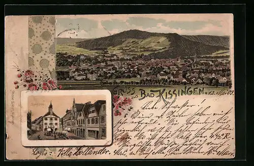 Künstler-AK Bad Kissingen, Panorama vom Ort und Marktplatz