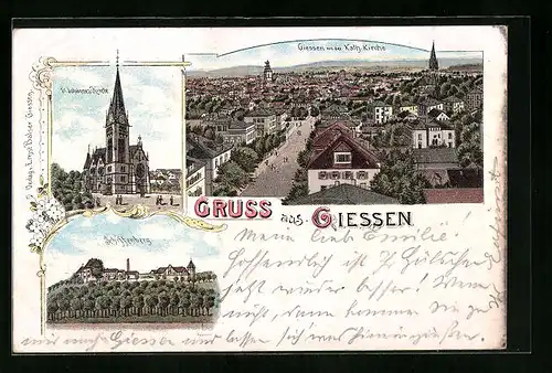 Lithographie Giessen, Ortsansicht von der kath. Kirche, St. Johannis-Kirche, Schiffenberg