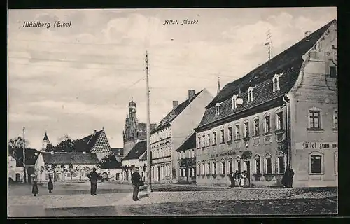 AK Mühlberg /Elbe, Altst. Markt mit Hotel zum weissen Schwan