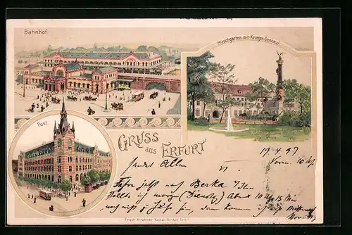 Lithographie Erfurt, Bahnhof, Hirschgarten mit Kriegerdenkmal und Post