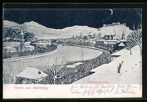 Künstler-AK Salzburg, Ortsansicht im Schnee, von Mülln aus gesehen