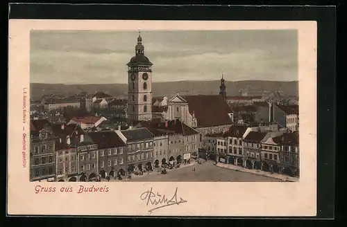 AK Budweis / Ceske Budejovice, Teilansicht mit Kirche aus der Vogelschau