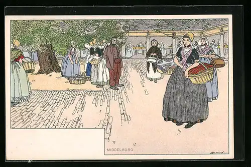 Lithographie Middelburg, Marktszene