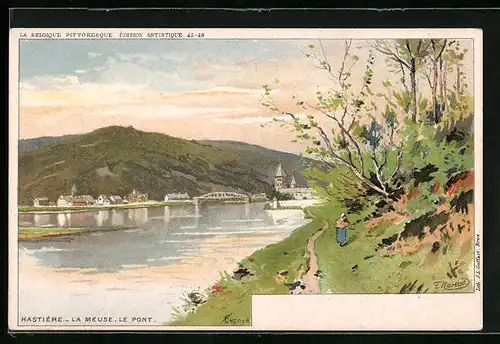 Lithographie Hastière, La Meuse, Le Port