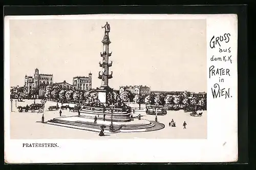 Lithographie Wien, Praterstern mit Denkmal