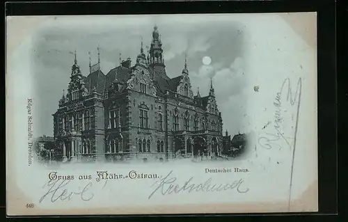 Mondschein-AK Mähr. Ostrau, Deutsches Haus