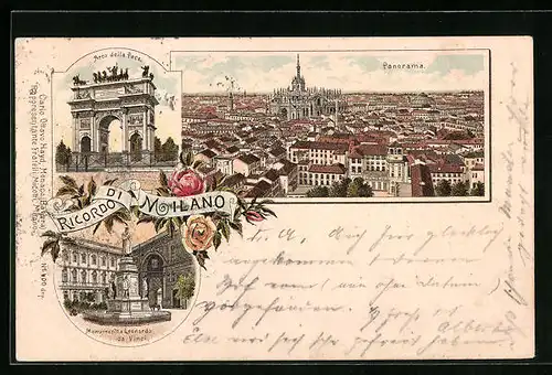 Lithographie Mailand, Panorama mit Dom im Mittelpunkt