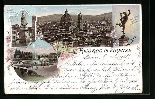 Lithographie Florenz, Blick über Dächer der Stadt zur Santa Maria Kathedrale