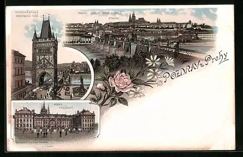 Lithographie Prag / Praha, Karluv Most, Hrad Prazsky, Staromestska