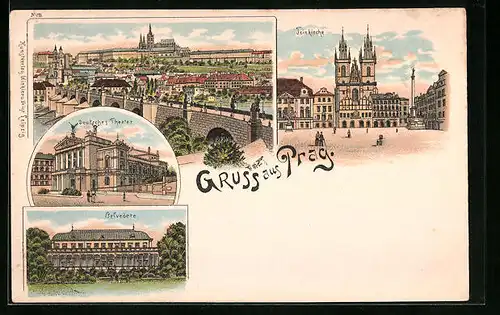 Lithographie Prag / Praha, Belvedere, Deutsches Theater, Teinkirche