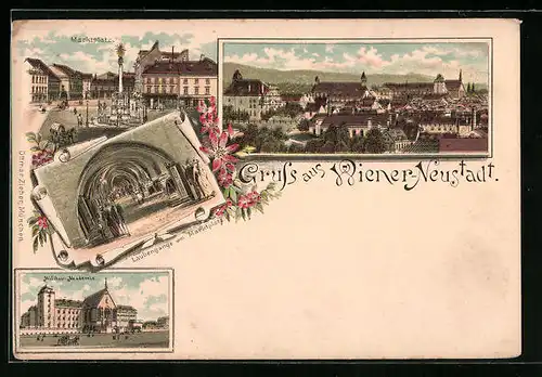 Lithographie Wiener-Neustadt, Laubengänge am Marktplatz, Militär-Akademie, Totalansicht