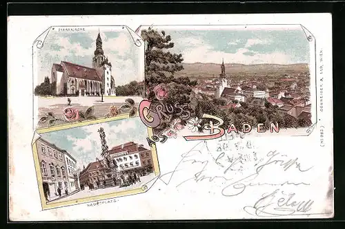 Lithographie Baden, Pfarrkirche, Hauptplatz, Totalansicht