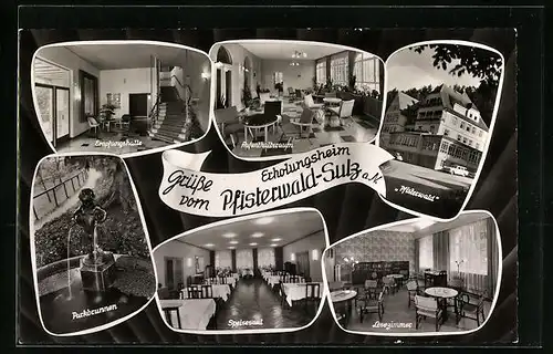 AK Pfisterwald-Sulz a. N., Erholungshiem Pfisterwald, Innenansichten Empfangshalle und Aufenthaltsraum