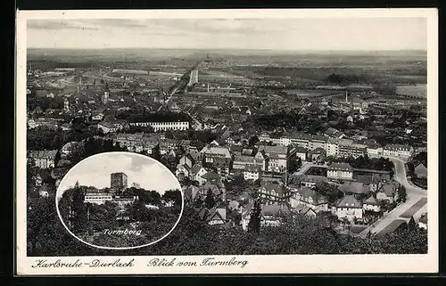 AK Karlruhe-Durlach, Blick vom Turmberg auf den Ort