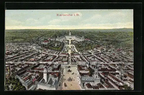 Künstler-AK Karlsruhe i. B., Teilansicht mit Schloss und Strassenbahn