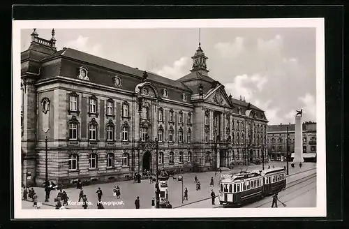 AK Karlsruhe, Hauptpost mit Strassenbahn