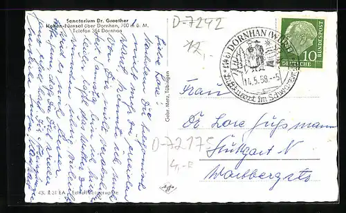 AK Hohen-Fürnsal über Dornhan, Sanatorium Dr. Graether
