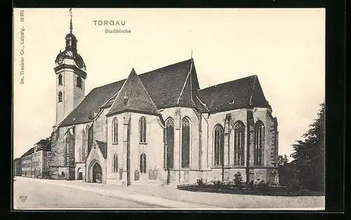 AK Torgau, Stadtkirche mit Baum