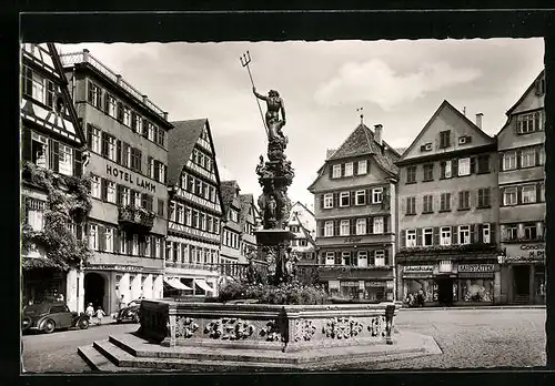 AK Tübingen, Marktplatz mit Brunnen, Hotel Lamm