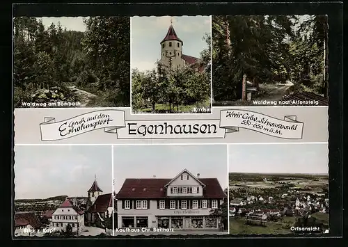 AK Egenhausen /Schwarzwald, Kirche, Ortsansicht, Kaufhaus Chr. Beitharz