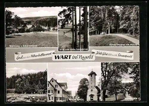 AK Wart bei Nagold, Waldschwimmbad, Waldpartie, Blick zum Haus Schönblick